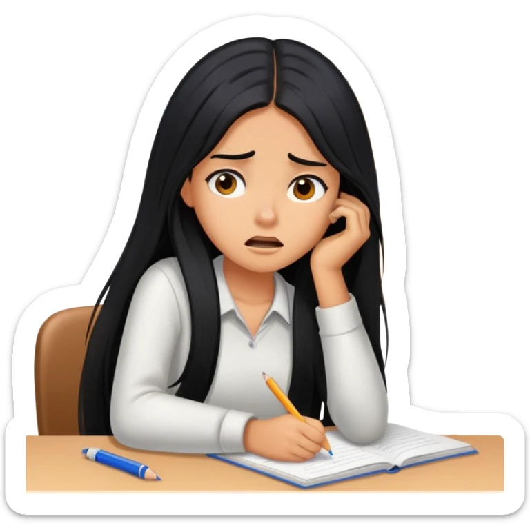 Pretty tanned girl with long black hair, stressed out about homework sticker
