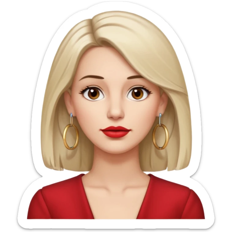 30 year old white woman with shoulder-length hair and brown eyes, left side of her hair tucked behind her ear, wearing lipstick and hoop earrings, neutral expression, upper body portrait sticker