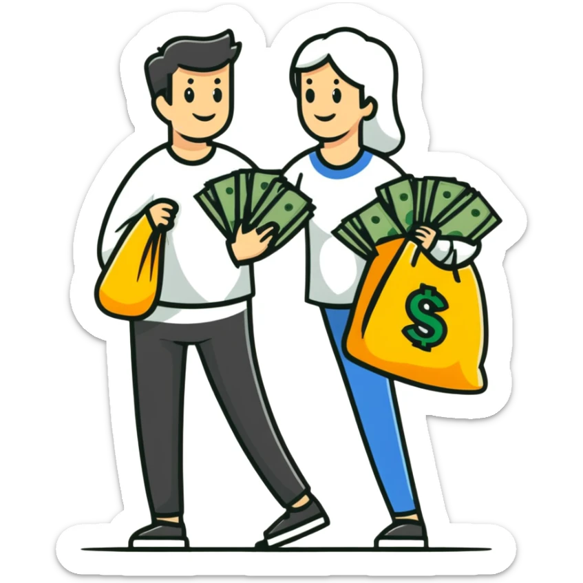 Person carrying money bag supporting a family, financial provider sticker