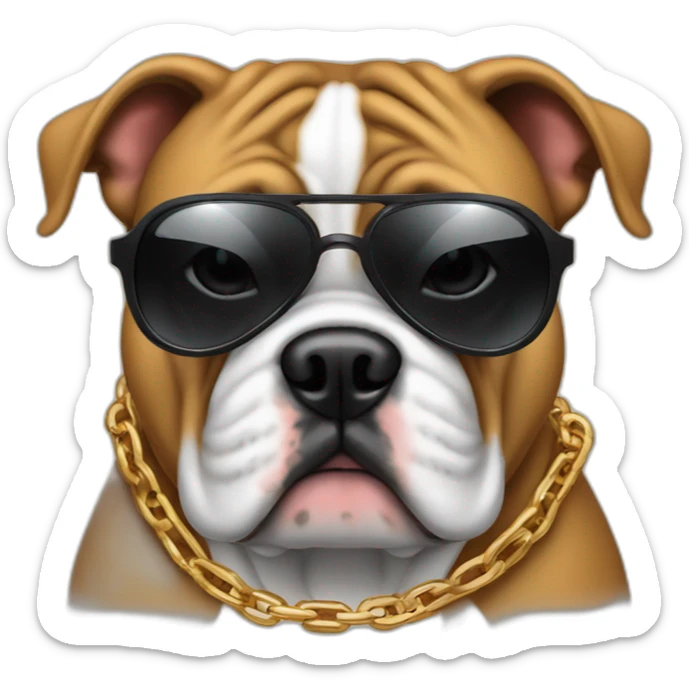 A bull dog wearing a black hoody and it has a sunglasses and a gang chain sticker