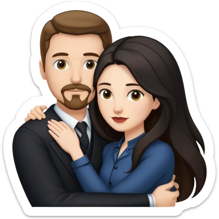 older couple, tall white man with brown hair goatee mustache hugging a pale woman with long black hair, wearing elegant clothing sticker
