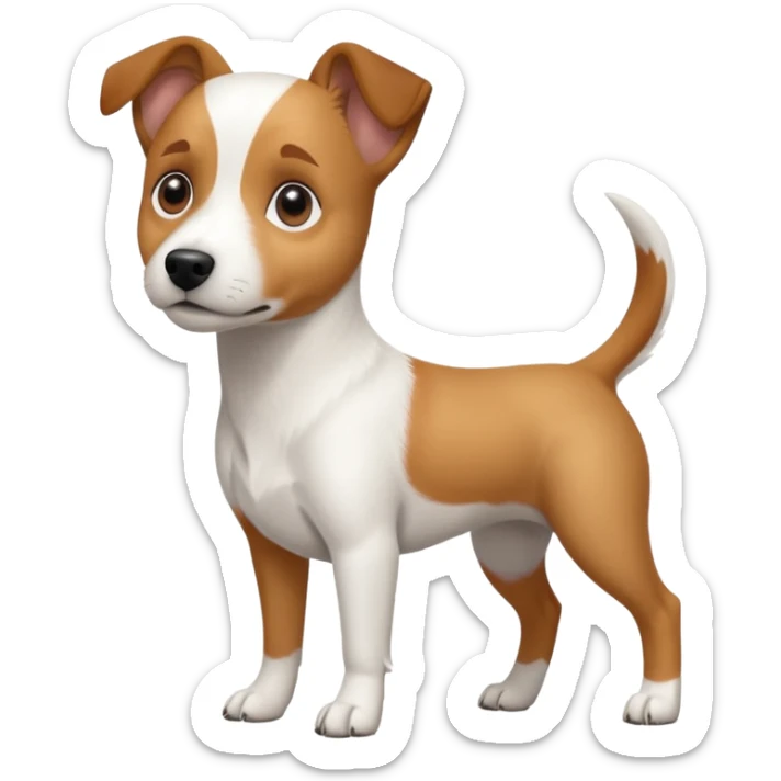 a full body white jack russel looking dog the size of a kelpie with light brown ears and a light brown patch on one eye and a large snout sticker