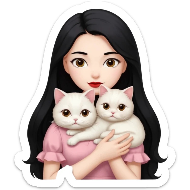 Beautiful Girl Long Hair black, Brows Big , Skin White, Dress Pale Pink , Big Red Lips, EyesCoffe , Hug Little baby Persa Cream Cat With Cute Eyes sticker