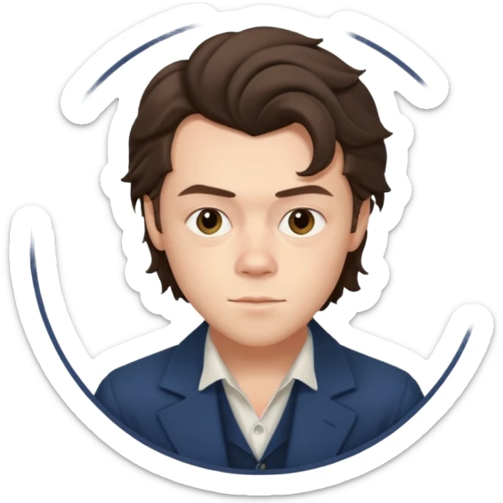 une joli personne qui ressemble a harry styles, avec beaucoup de details, de 3 quart  dans un rond  sticker