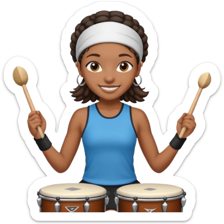 A black girl drummer with a sporty headband and clothes, tapping her drum rhythmically with a grin. sticker