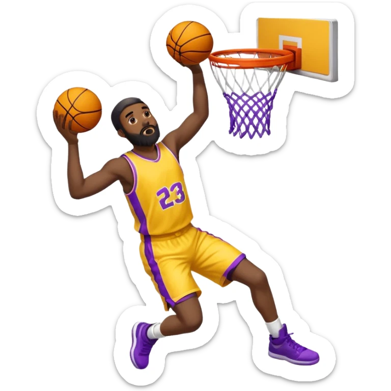 Man with a yellow basketball jersey with a purple number 23 on it. Black man with a beard dunking  sticker