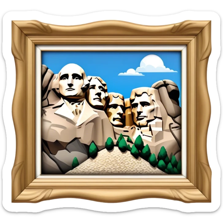 Cinematic Realistic Mount Rushmore Landmark Emoji, showcasing monumental carved presidential faces rendered with crisp textures and dynamic, historical lighting. sticker