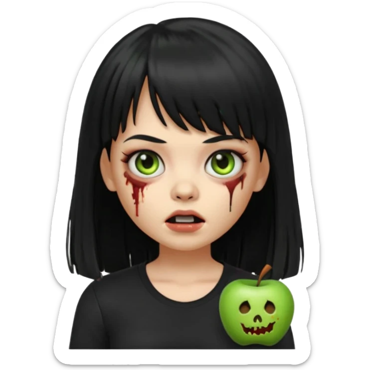 uma garota zumbi no formato Memoji da apple com o cabelo cumprido, preto liso e com franja, blusa preta sticker