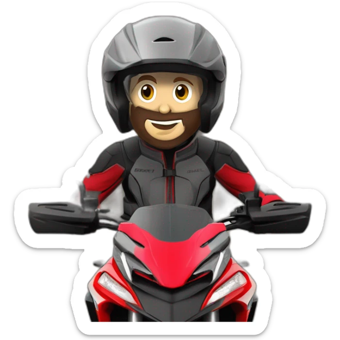 Caricatura Moto Ducati multistrada enduro off road roja y negra con manchas de barro en el depósito y las ruedas. Piloto con casco gris y máscara sticker