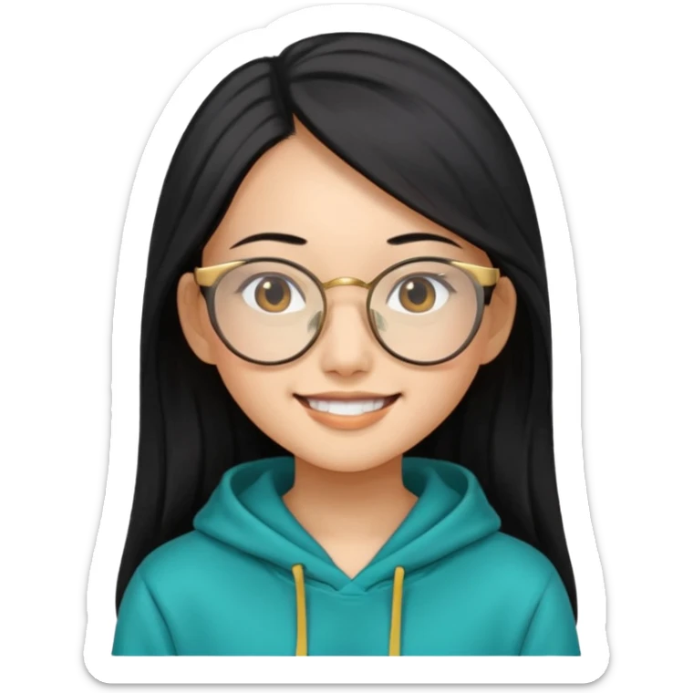 generate a smiling chinese female with long black hair, golden rim glasses, and a teal hoodie sticker