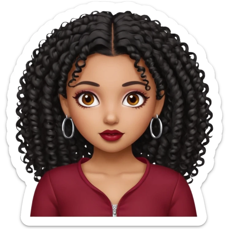 a pretty bratz dusky girl with curly black hair, kajal under eyes, small silver hoop. dark red full sleeve sticker