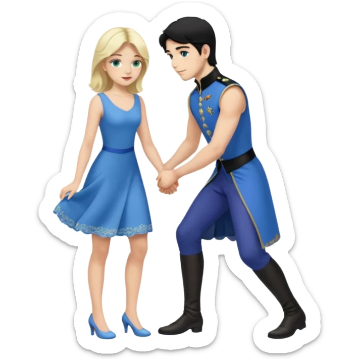 prince, black hair, blue eyes, blue garment,  Woman, blonde Hair, green eyes, bending knee, sleveless white dress, sticker