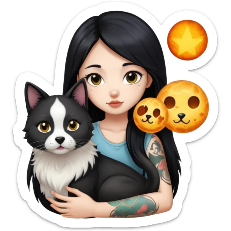 a Chinese girl with long black  straight hair and tattoos and A meteorite border collie and a black round faced cat sticker