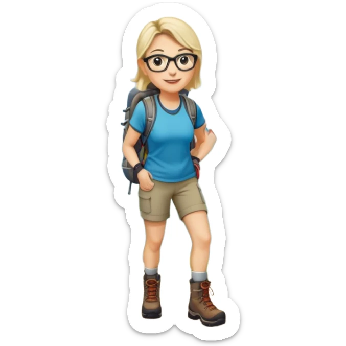 Woman in her 40s with glasses wearing sporty outfit, hiking boots, and backpack looking happy and curious sticker