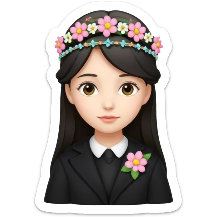 cute beautiful girl wearing black coat law student dress code with flower tiara on head sticker