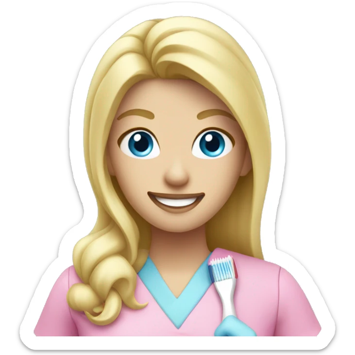 blonde dentist with blue eyes pink scrubs and holding tooth brush sticker