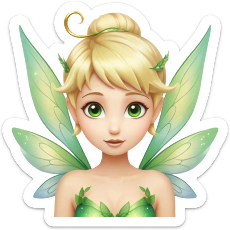 Cinematic Realistic Blonde Tinker Bell Fairy Portrait, depicted with lifelike, delicate skin glowing with a subtle radiant aura, soft natural lighting accentuating her gentle features, and intricately detailed golden blonde hair styled in a whimsical pixie cut. Her iridescent, translucent wings shimmer with delicate fairy dust, and her expressive, sparkling eyes reflect a world of magic. Adorned in a subtle blend of woodland greens and soft pastel accents, the portrait exudes an enchanting glow that seamlessly merges realism with fairy charm. sticker