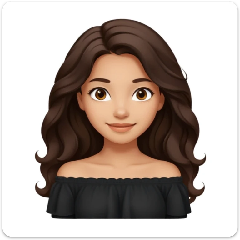 modern emoji of a young woman with medium skin tone, long wavy dark brown hair, black off-shoulder top, soft friendly smile, expressive eyes, clean warm charming style, relaxed confidence, light neutral color background sticker