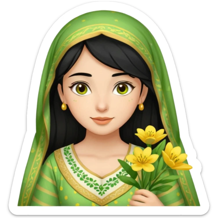 A picture of a black-haired girl in a beautiful green Arabic dress with green dotted stripes and beautiful yellow flowers scattered and a white-faced girl sticker