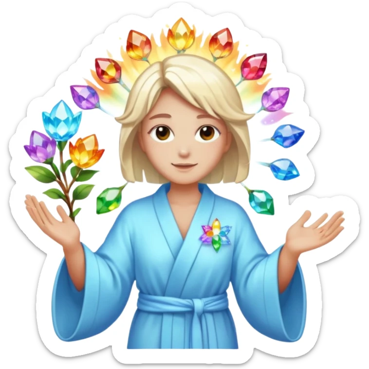 a being made of light of light with a robe on made of light and who is lanky holding a bouquet of crystal flowers on rainbow fire sticker
