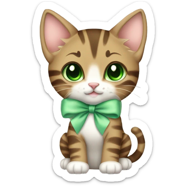 extremely cute kawaii brown tabby kitten with green eyes and pastel green bow full body sticker