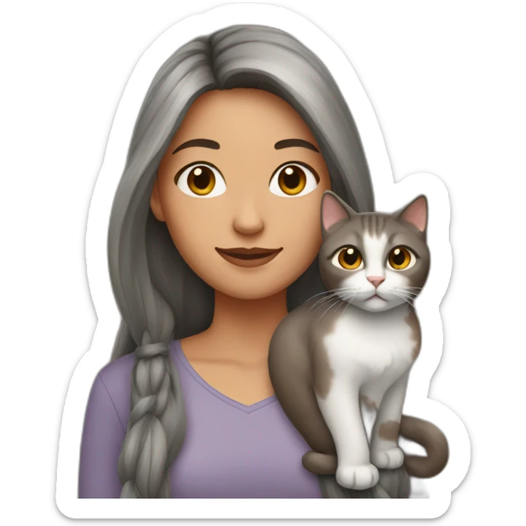 Woman with brown and gray long hair with a cat on her shoulder sticker