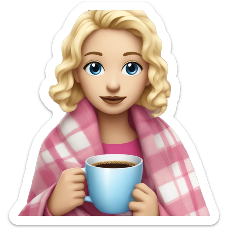 cute blonde girl wrapped in pink plaid blanket drinking coffee blue eyes sticker