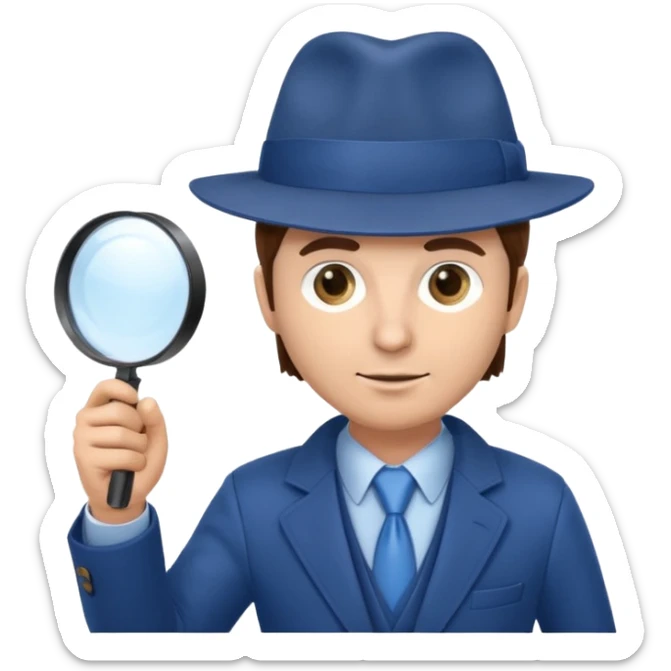 detective in blue suit and blue hat brown hair white skin with big mangifier in his hand looking trough the magifier sticker