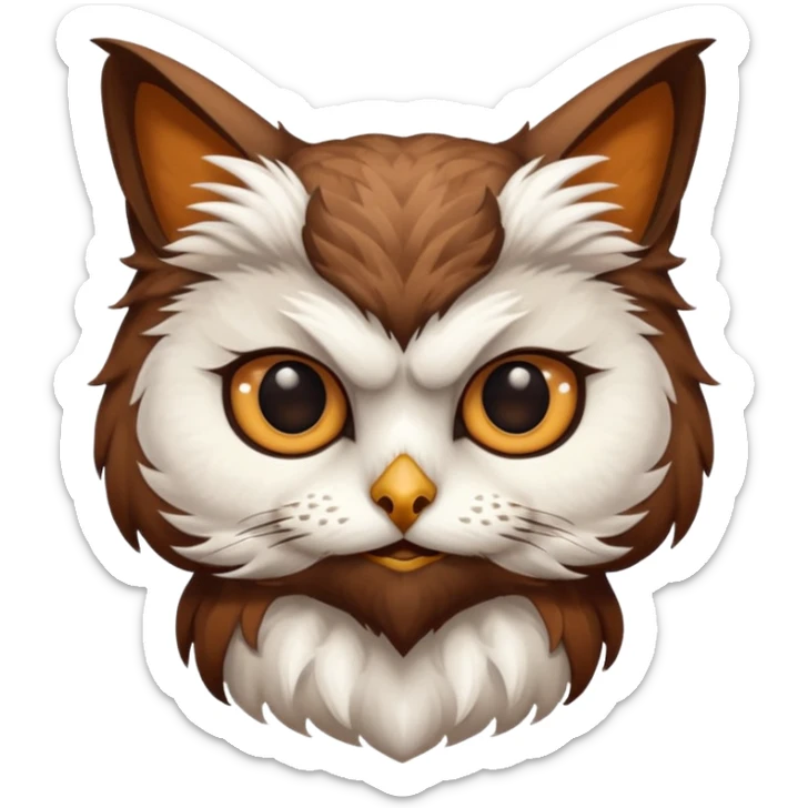 An cats head with a brown on top of the head of the cat the cats head infused with an white owls body with brown wings sticker