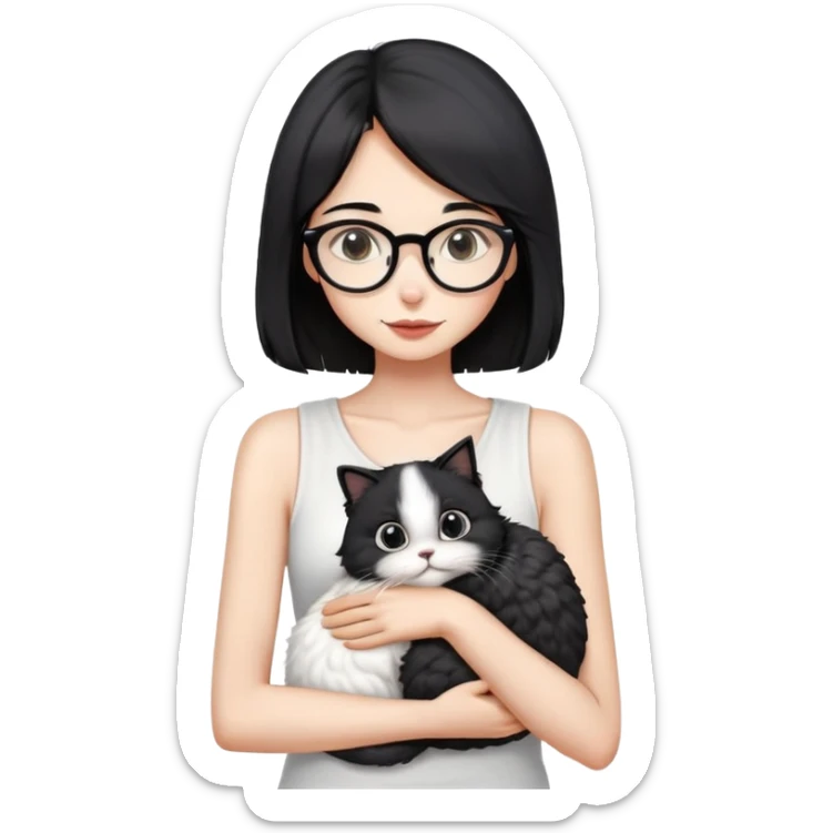 Skinny woman with oval glasses, shoulder length straight black hair, wearing white sleeveless top, hugging a Persian-Angora cat that's gray and white like Oreo cookies, plain background sticker