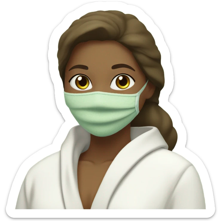 White girl with Brown hair and blue eyes wears a Green clay colored skincare textured mask and puts on cucumbers around her eyes while She relaxes in her white Robe sticker