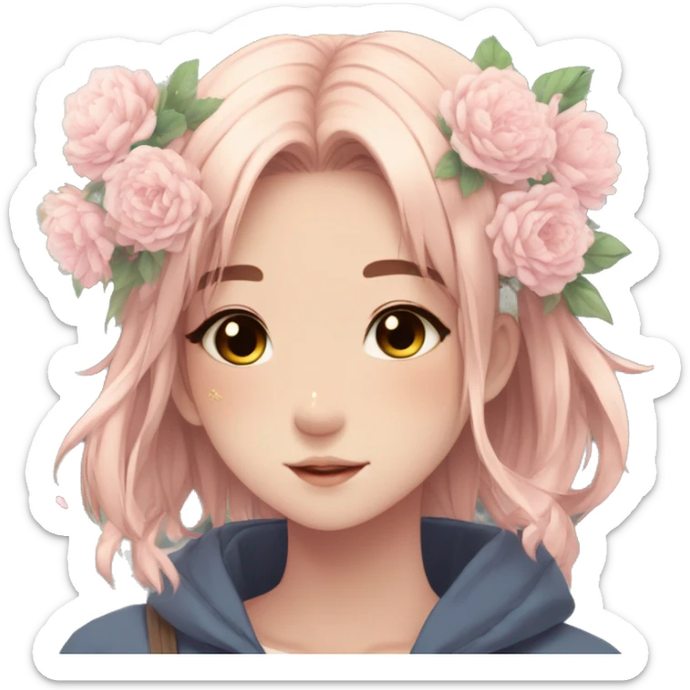 Gorgeous anime style shojo girl with blushing face and flowers aesthetic trending style outside sticker