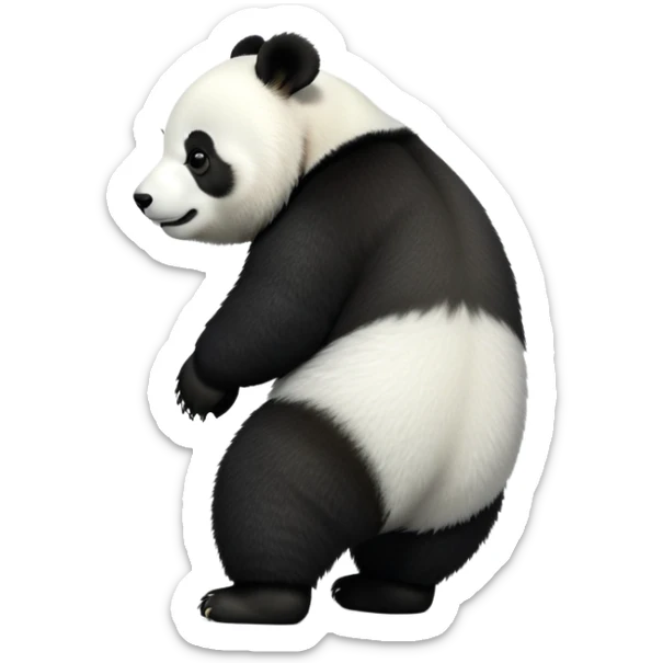 cinematic-[panda bear]-realistic-full-body-standing on all fours-emoji,-tail-tucked-close,-head-tilted-dramatically,-thick-[black and white]-fur,-simplified-yet-realistic-focused-features,-highly-detailed,-glowing-with-an-almost-sarcastic-glow sticker