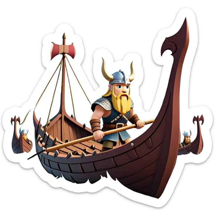clash-of-clans-aesthetic_-cinematic-viking-longboat, rendered in a flat, bold vector style with minimal shading, featuring a striking dragon-headed prow slicing through waters. shields on the side and vikings rowing The longboat’s, the boat has carved motifs evoke a sense of epic adventure and Nordic might, with billowing sails catching a dramatic, stormy sky backdrop. sticker