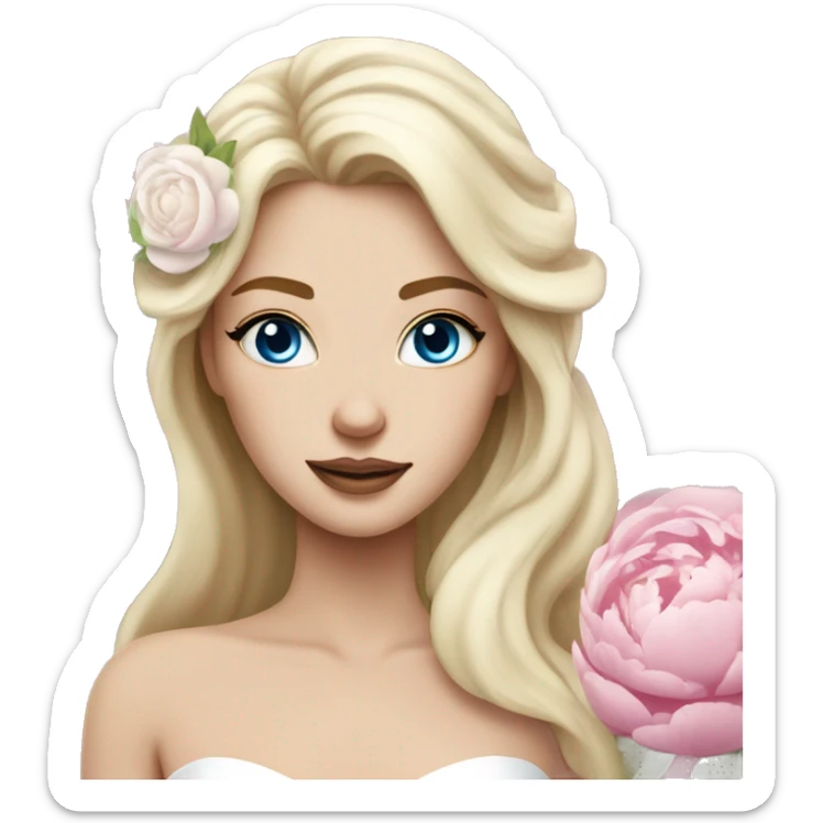 White bride with long light blonde hair and blue eyes with light pink peonies in hair white skin  sticker