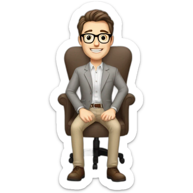 Joyful Pale skinned Fit Man With dark brown hair in gray jacket, beige office shirt, Brown pants and vintage glasses sitting In a soft chair. His thrumbs up sticker