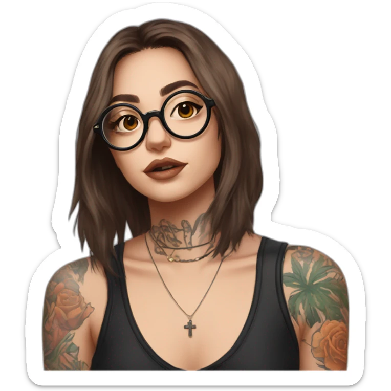 shoulder length brown hair e-girl with cross tattoo under cheek and round black glassess sticker