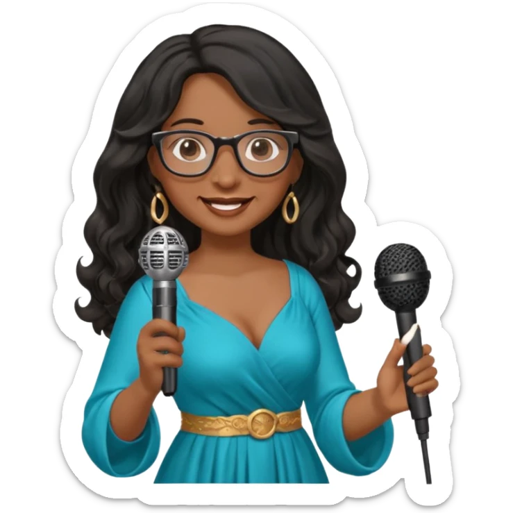 singer, Middle age, long wavy black hair, brown skin, wearing dress, holding mic, glasses sticker