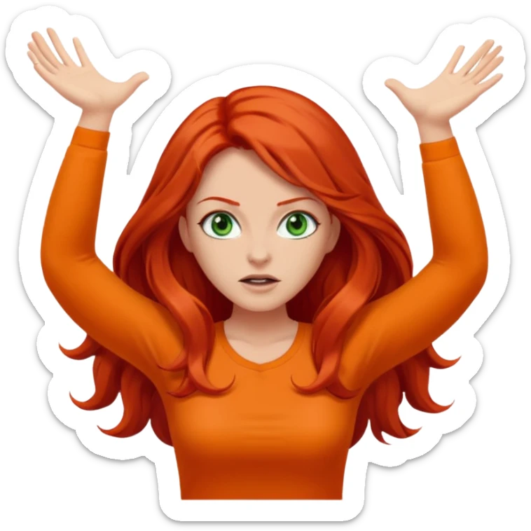 lady with long red hair, green eyes and orange top throwing arms in the as if confused sticker
