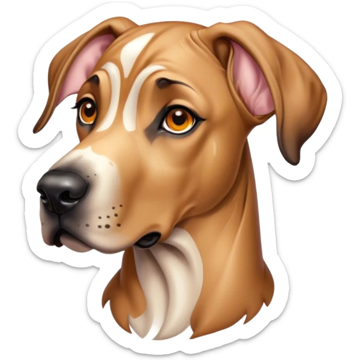 Cinematic Cute Fawn Great Dane Portrait Emoji, Head tilted playfully and inquisitively, showcasing a glossy fawn coat with a subtle luster, round, sparkling amber eyes filled with curiosity, Simplified yet irresistibly adorable features, highly detailed, glowing with a warm, friendly glow, high shine, affectionate and gentle, stylized with a touch of whimsy, bright and endearing, soft glowing outline, capturing the essence of a mischievous yet loving pup, so playful it feels like it could lumber out of the screen and into your arms! sticker