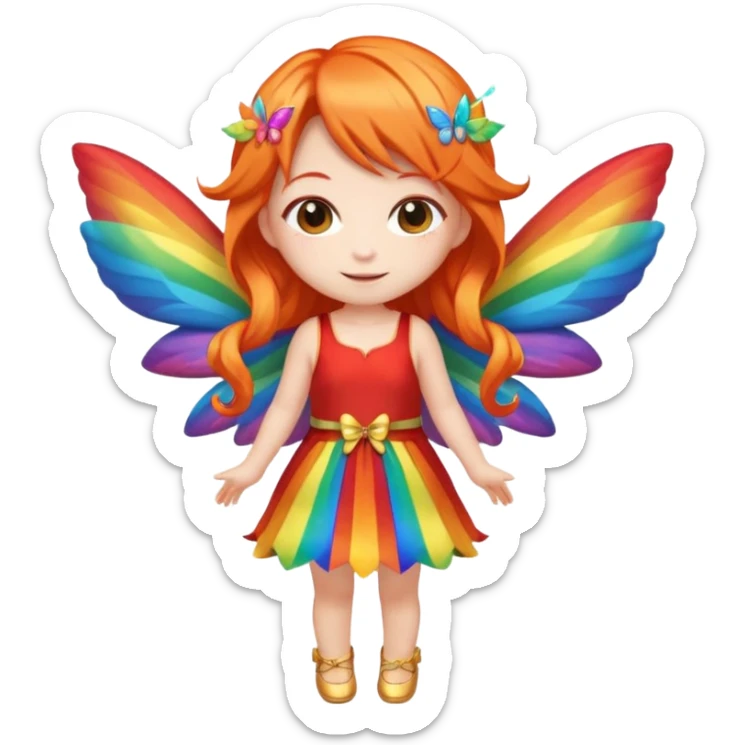 fairy with long orange hair, rainbow wings, red dress, happy, chibi full body sticker