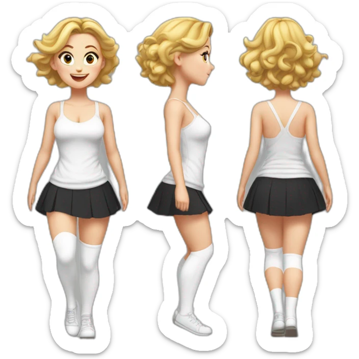 realistic full body caucasian curvy beauty jumping short black skirt back and front views strong wind white knickers long white socks sticker