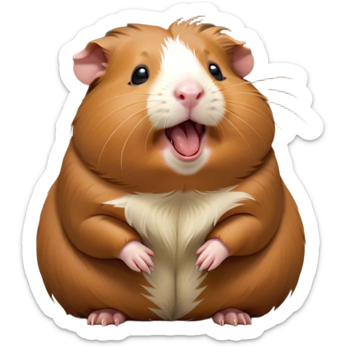 Cinematic Cute Yawning Brown Guinea Pig Portrait Emoji, Head tilted slightly with a dramatic, wide-open yawn, revealing a soft brown coat and tiny, droopy ears, round dark eyes barely open in drowsy contentment, Simplified yet irresistibly adorable features, highly detailed, glowing with a soft, cozy glow, high shine, relaxed yet expressive, stylized with a touch of whimsy, bright and endearing, soft glowing outline, capturing the essence of a sleepy yet affectionate guinea pig, so drowsy it feels like it could stretch out of the screen and curl up for a nap! sticker