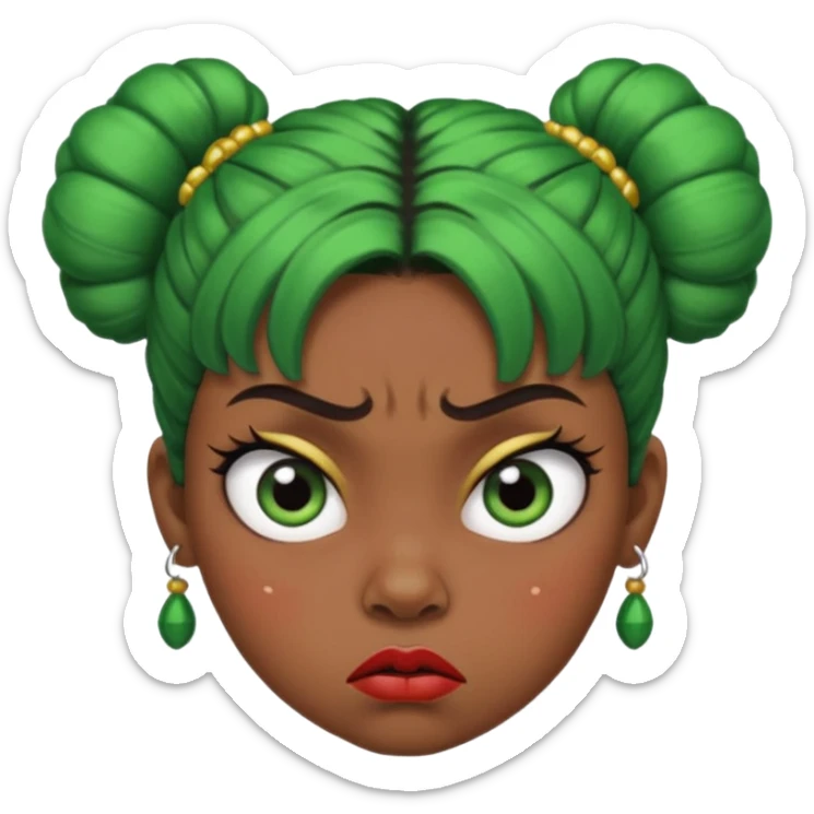 Create a 3D cartoon-style girl character with dark skin, round face, angry expression, big wide eyes, and tightly styled double buns made of green beaded hair. The girl should look irritated, eyebrows sharply angled, and lips pressed in a frown. sticker