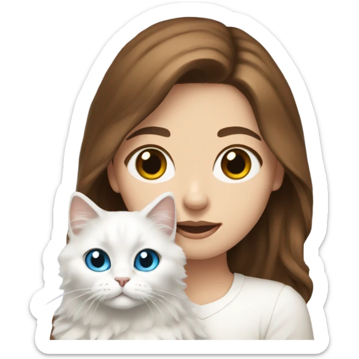 woman with brown hair and holding a all white Siberian cat with blue eyes sticker