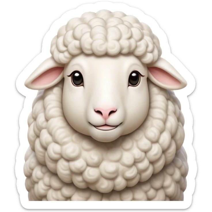 Cinematic Noble Sheep Portrait Emoji, Poised and regal, with a large, sturdy build and a luxuriously fluffy, well-groomed white fleece, deep-set soulful gentle eyes, Simplified yet sharp and sophisticated features, highly detailed, glowing with a soft, dignified glow, high shine, intelligent and calm, stylized with an air of pastoral majesty, focused and attentive, soft glowing outline, capturing the essence of a watchful and confident sheep, so majestic it feels as though it could amble out of the screen with effortless authority! sticker