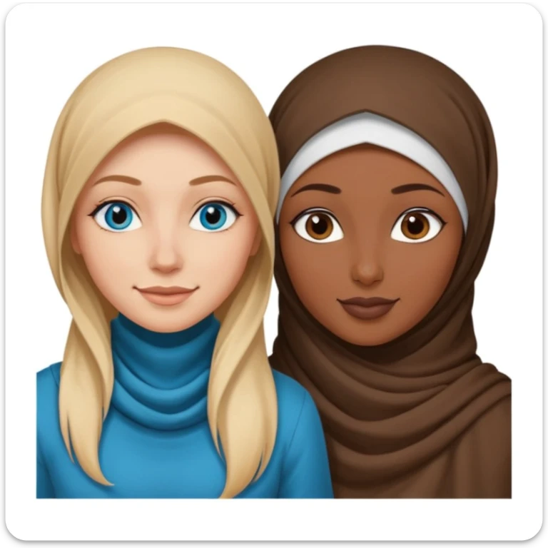 white girl with long blonde hair, blue eyes, tattoos, a septum nose piercing next to a dark skinned woman in a hijab with brown eyes sticker