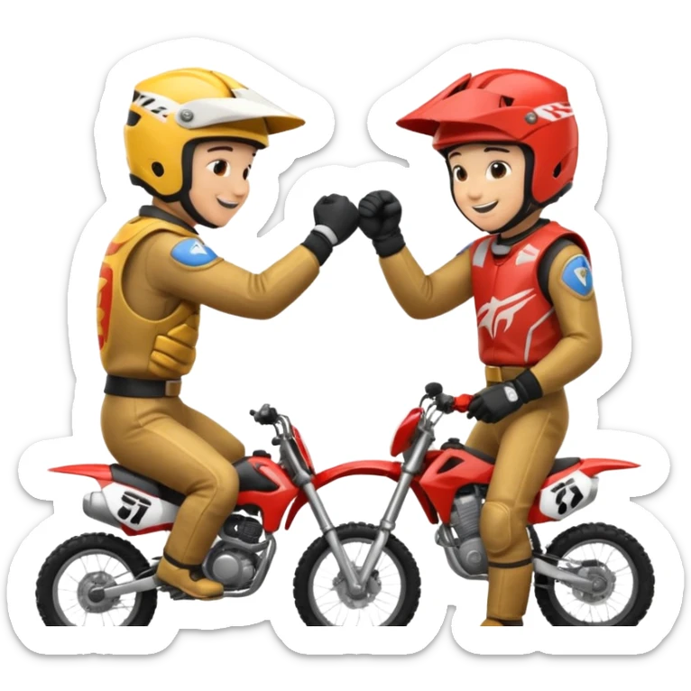 2 dirtbike racers in gear and gloves fist bumping sticker