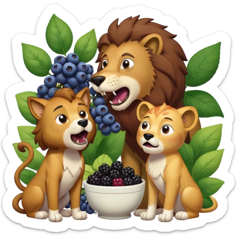 A dog barking at a lion while Rick and Morty from Rick and Morty eat blueberry’s and blackberries  sticker