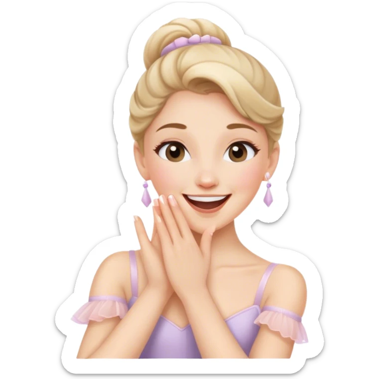The ballerina laughs sweetly, covering her mouth with her hand sticker